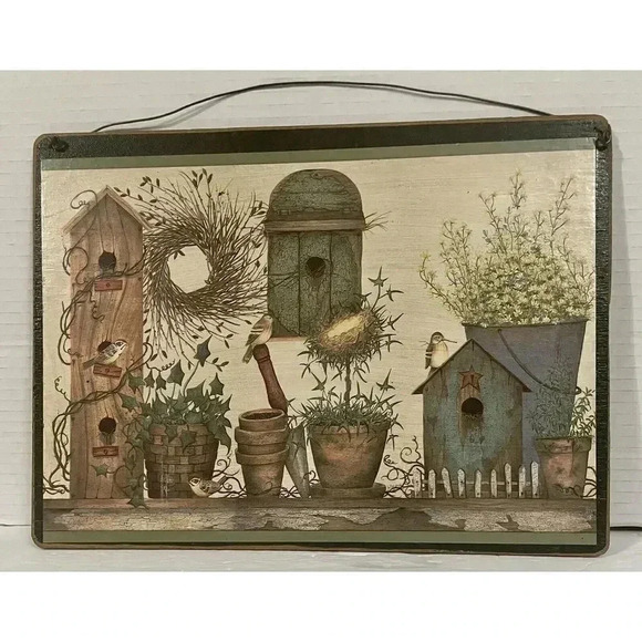 Craft Art Birdhouses Flower Pots Gardening On Wood Panel 12.5”L‎ x 9.2￼5”W - Picture 1 of 4